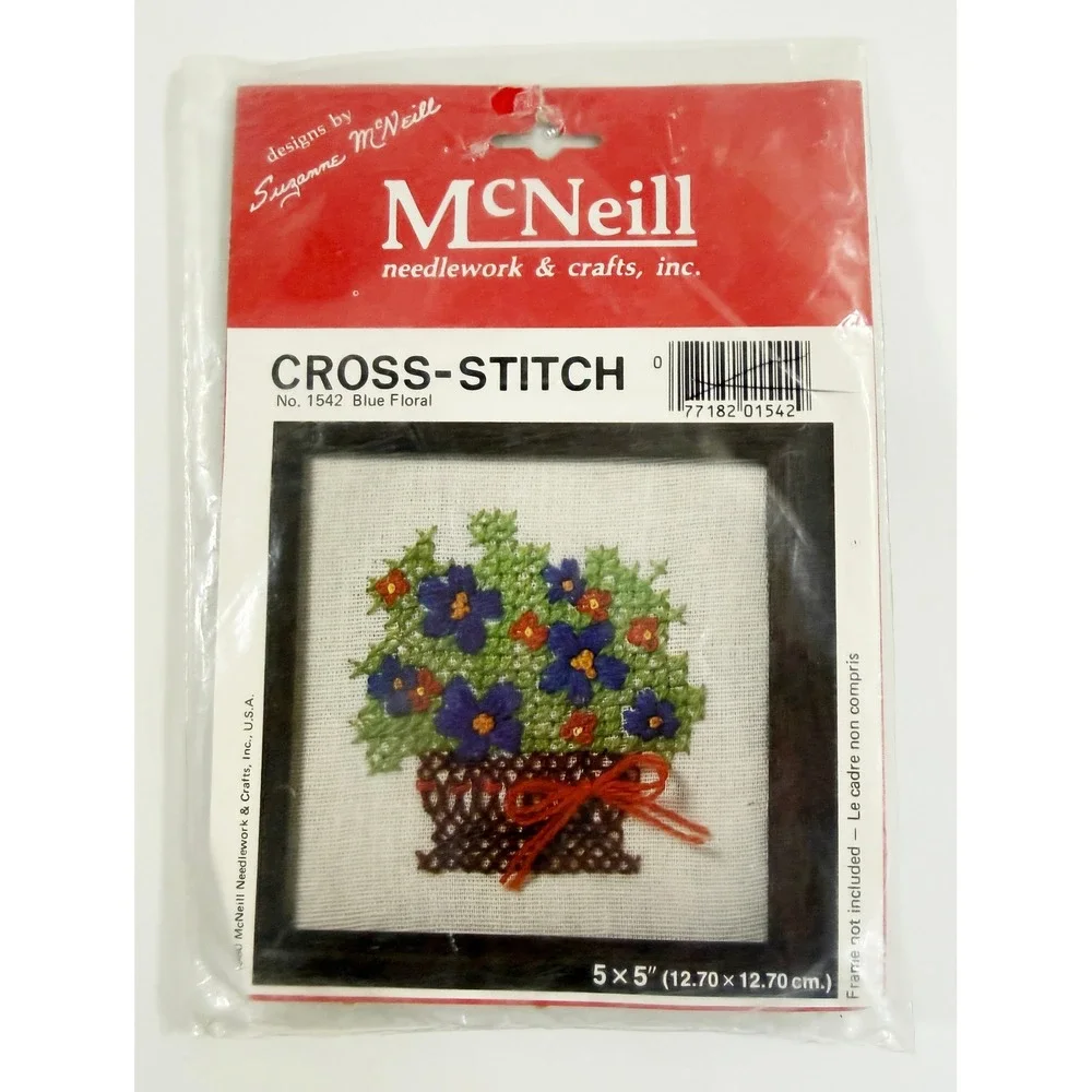 McNeill Cross Stitch Kit Unisex 5x5 Blue Floral Basket Vintage Craft No 1542